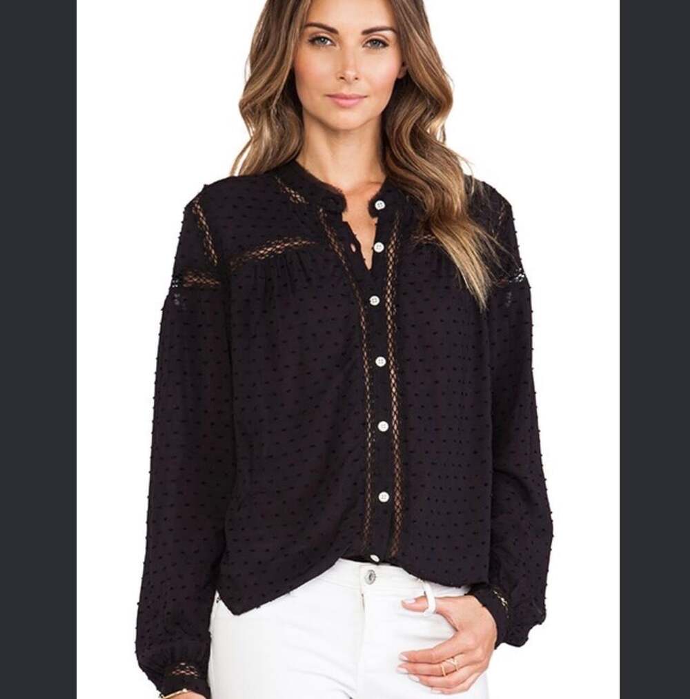 Free People Everyday Every Girl Top Swiss Dot Lace Button Up Blouse M Black